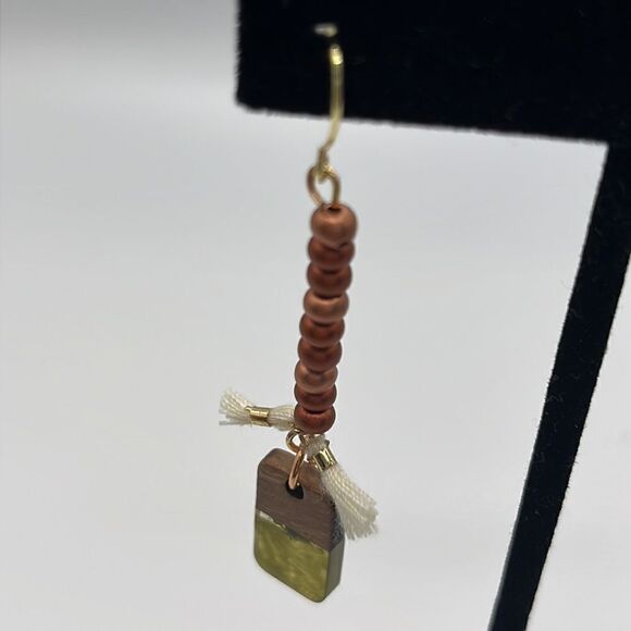 Gold Tone Beaded Tassel Earth Tone Rectangular Charm Boho Earrings - Picture 3 of 7
